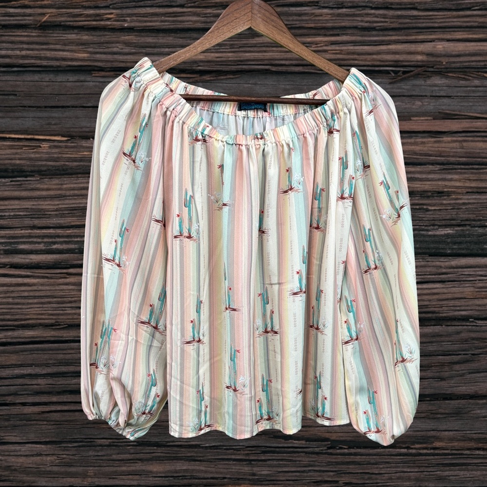 Pink and Gray Ruched Puff Sleeve Blouse